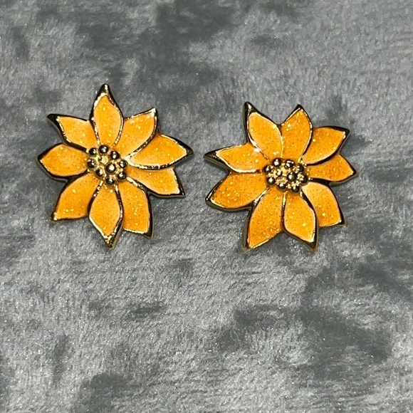Avon Jewelry - Vintage Enamel Flower Earrings, Yellow and Gold Glitter Floral